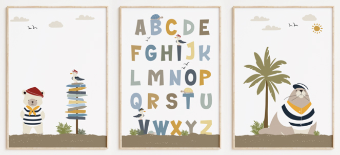 3 zeewereld kinderkamer posters
